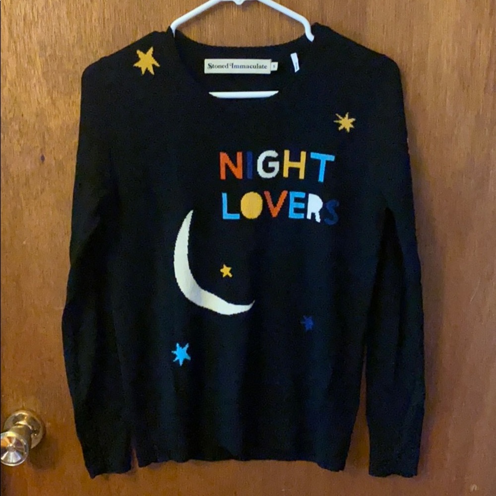 Stoned Immaculate Black 'Night Lovers' Crewneck Sweater with Multicolor Appliqué